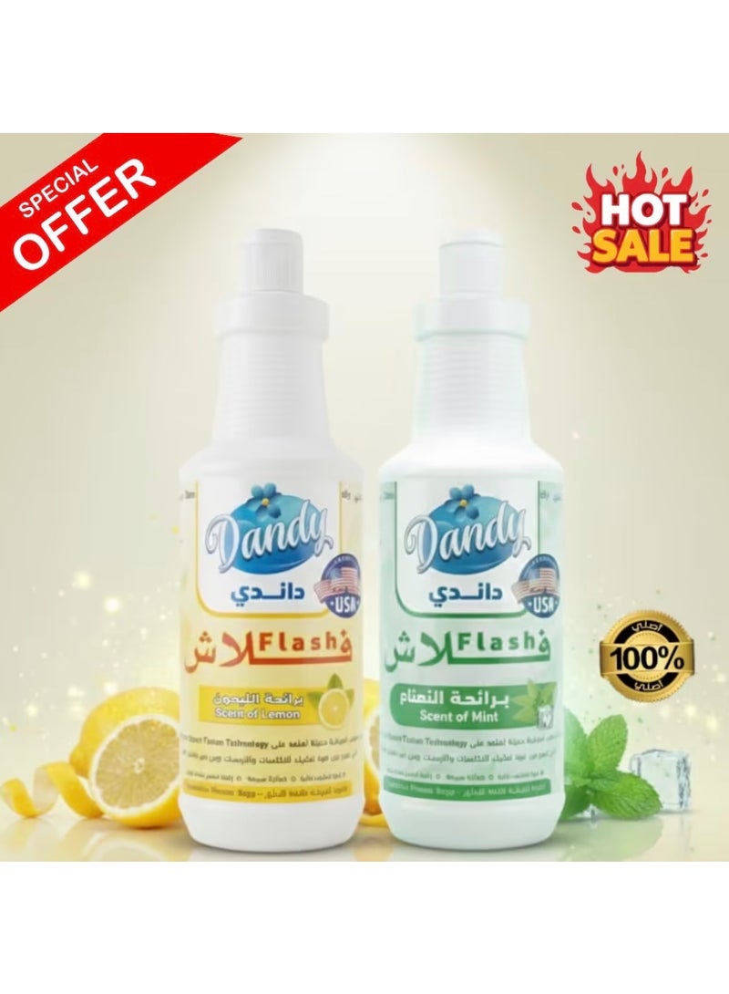 DANDY Two bottles of Flash Dandy multi-purpose disinfectant and cleaner, providing complete protection and effective cleaning. Features a fresh and pleasant scent (mint and lemon), free from smoke and unpleasant odors, Saudi-made - Image 1